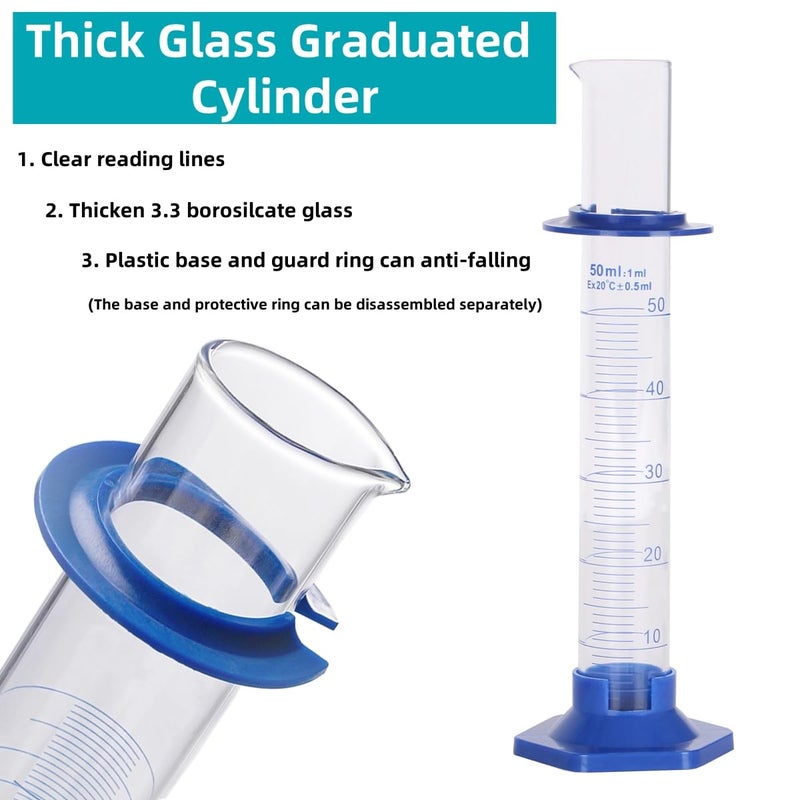 KIGITIK 2Pcs 50ml Graduated Cylinder, Thick Glass Measuring Cylinder, with Anti-Falling Plastic Base and Bumper Guards, for Science Laboratory Measuring Liquid, Bring 2 Brushes and 2 droppers - Image 3